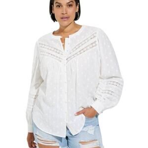 Torrid NWT Cotton Clip Dot Lace Trim Long Sleeve Top White Size 1X Button Front